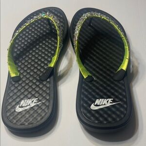 Nike Black and Neon Yellow Sandals